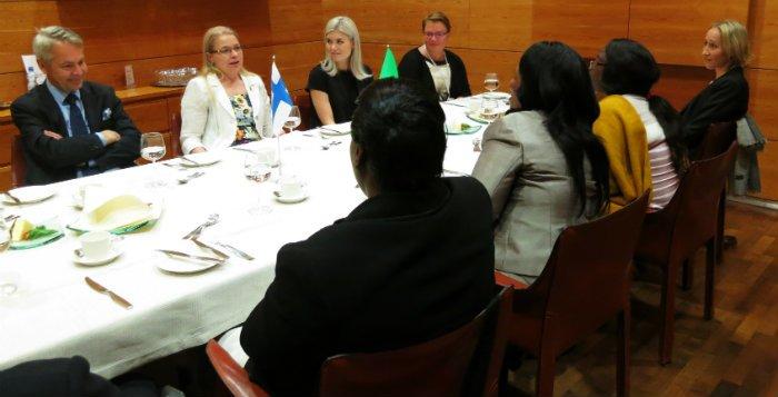 Chair of the Finnish Parliamentary Women’s Network Leena Meri (The Finns) hosted a lunch at the Parliament with Pekka Haavisto (Greens) and Susanna Koski (NCP) 