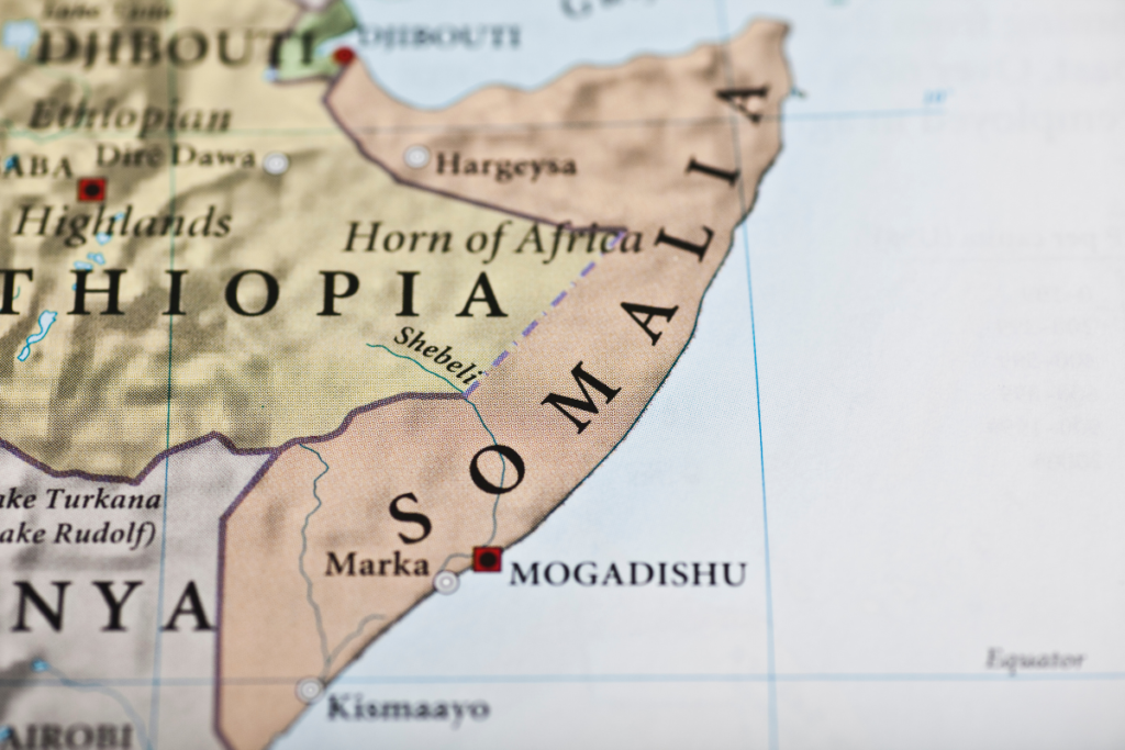 Karttakuva Afrikan sarvesta, keskellä Somalia