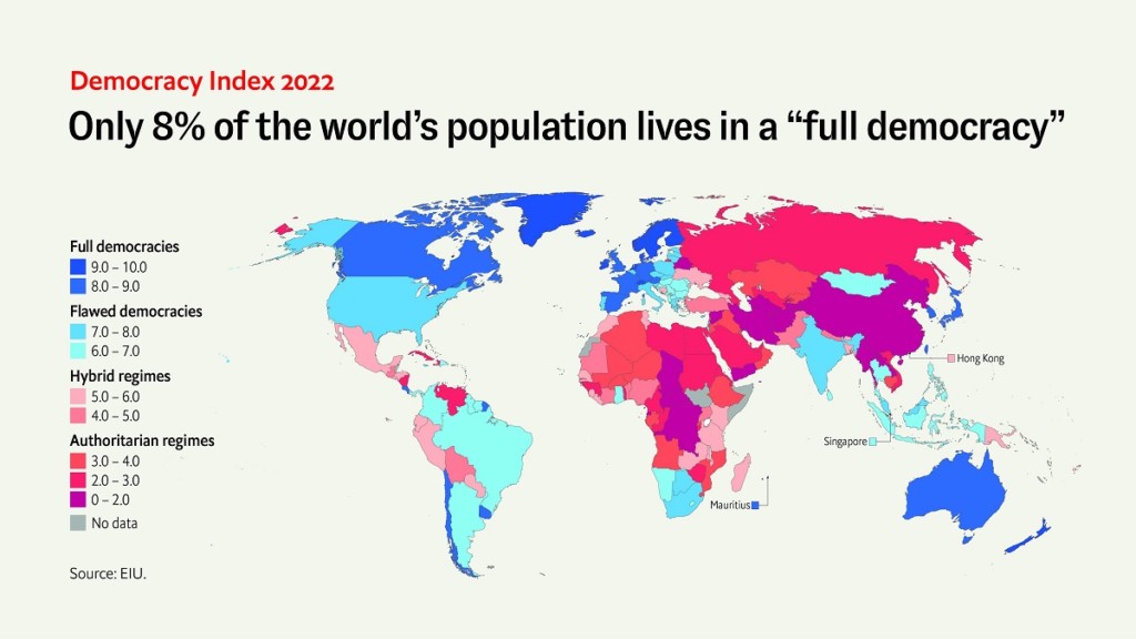 World map with different colors. The list of countries and their classification is in the Democracy Index report. Please see link in footnote 2.