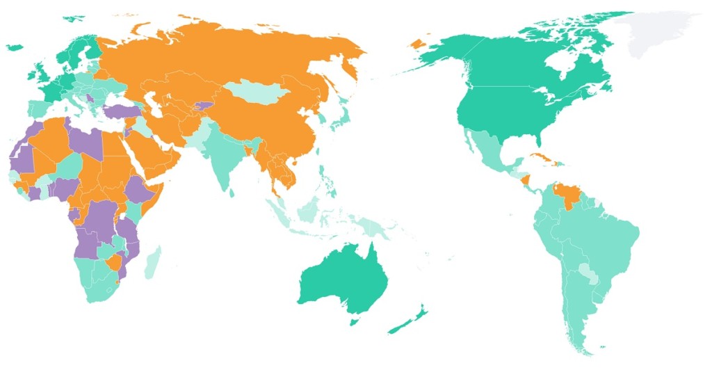 World map where countries are marked with different colors