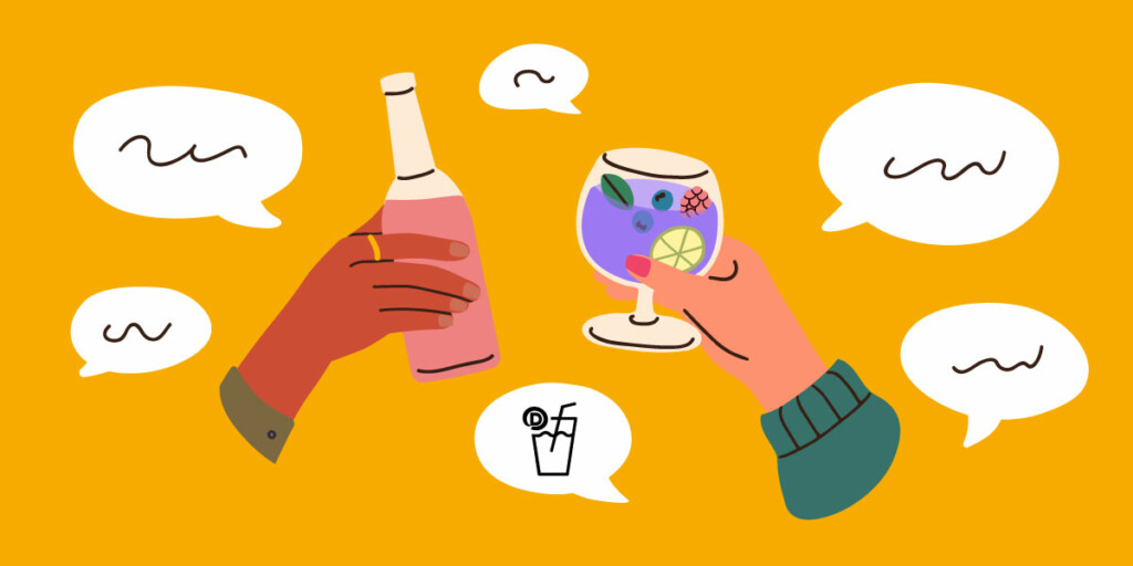 An illustration with one hand holding a bottle and the other holding a drink glass. Surrounded by speech bubbles.