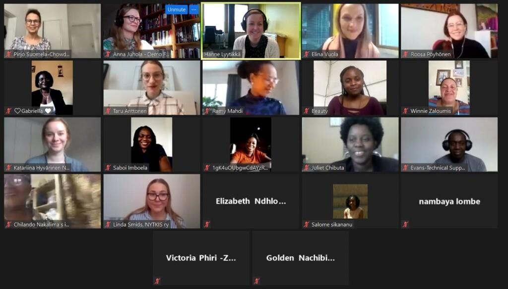 Zambian and Finnish women in a Zoom meeting view.