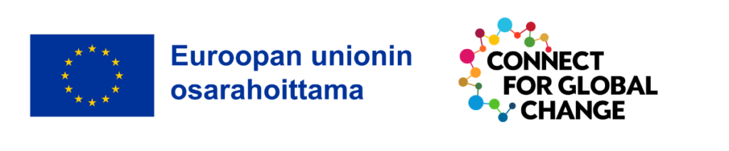 Logo, jossa EU-lippu ja teksti Euroopan unionin osarahoittama sekä Connect for Global Change -hankkeen logo.